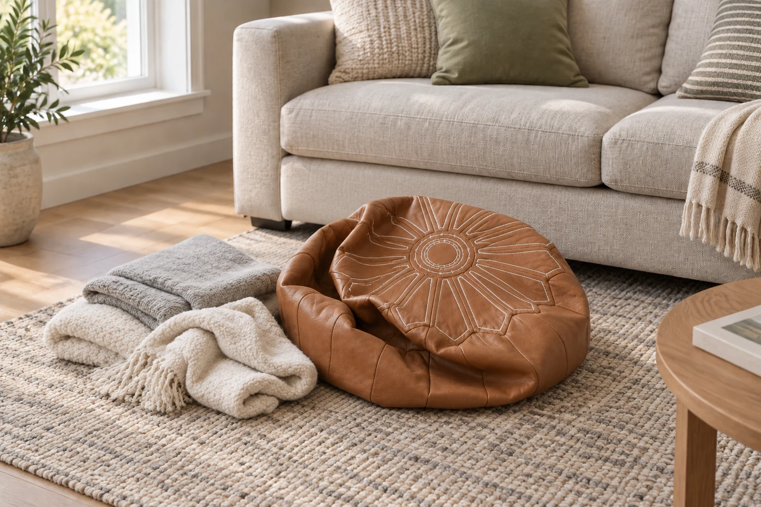 M14: unfilled brown round pouf cover and spare blankets in the same living room, AI-styled scene