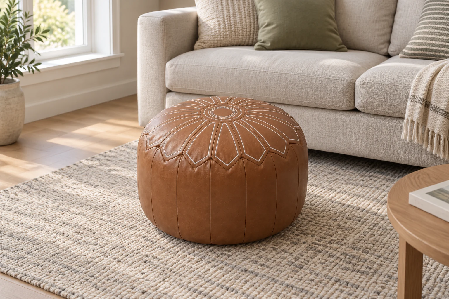 M15: filled brown round pouf in front of a light sofa, AI-styled scene