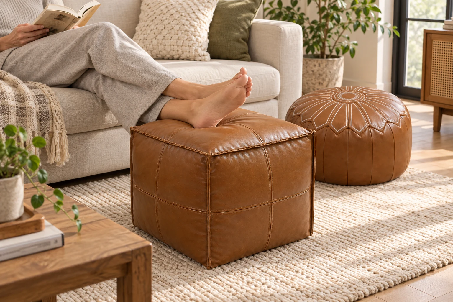 Brown cube ottoman used as a footrest beside a round pouf in a sunlit living room