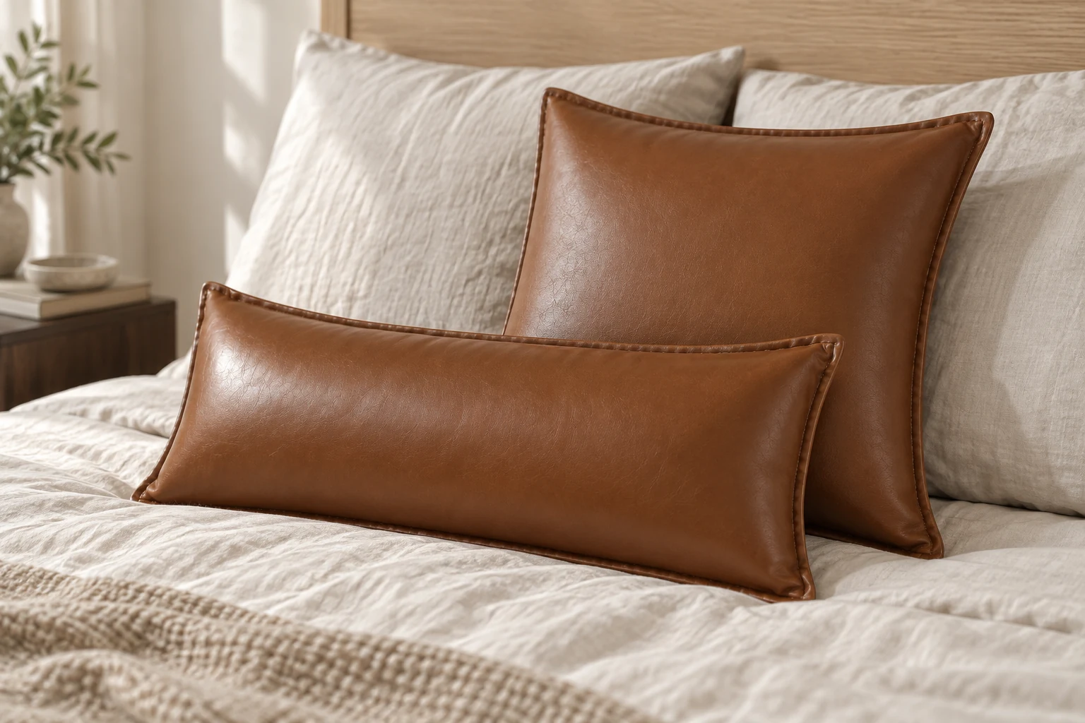 Brown square pillow and lumbar pillow styled on light linen bedding