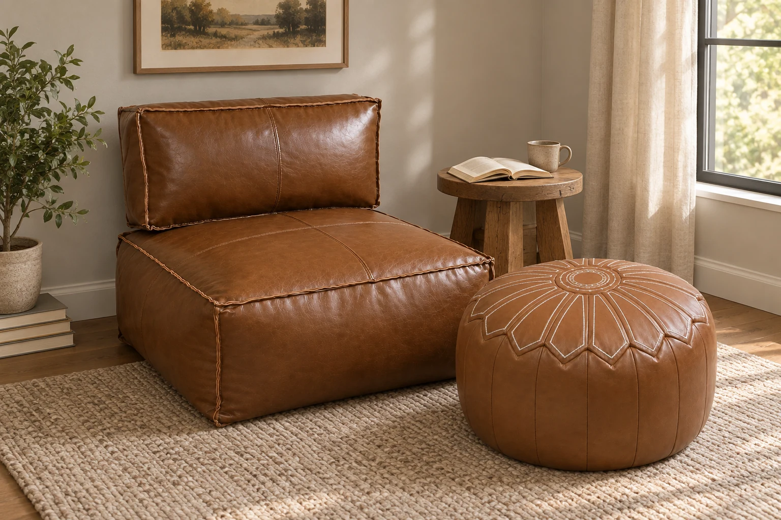 Brown large ottoman base, separate backrest and round pouf arranged in a reading corner