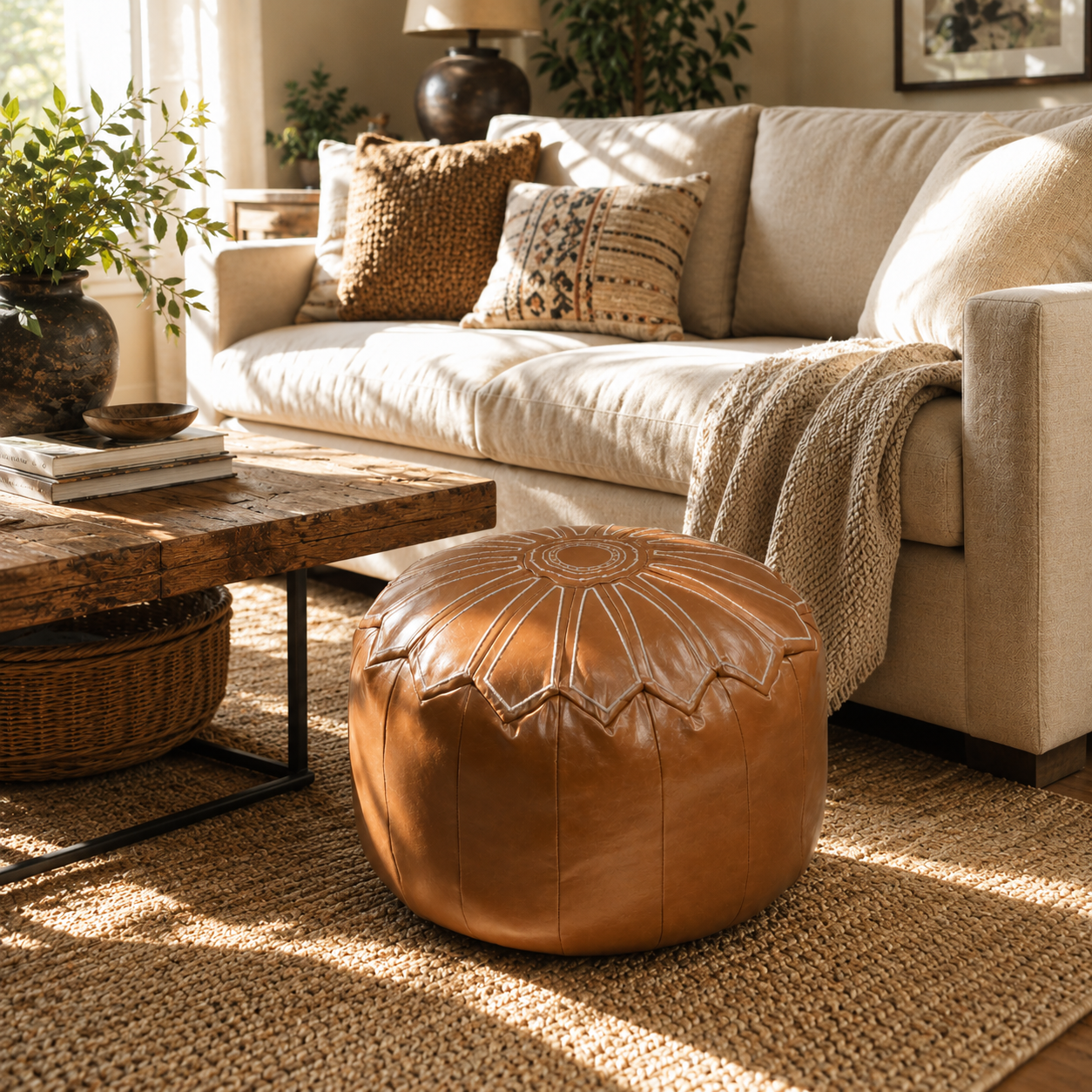 Moroccan Heritage Round Pouf in Color 1 vegan leather stuffable storage furniture by Stow & Sit
