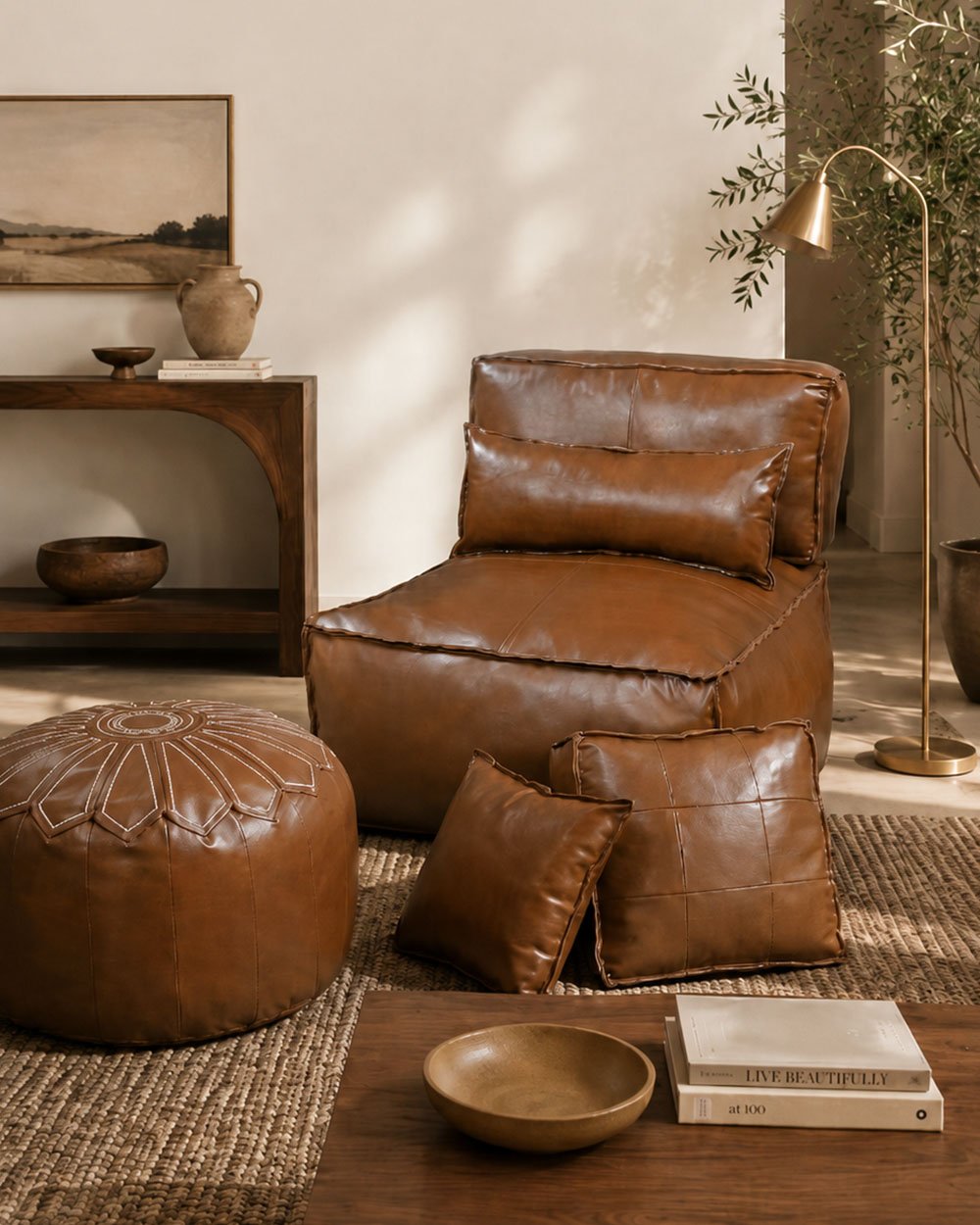 Luxury living room styled with brown vegan leather stuffable storage seating