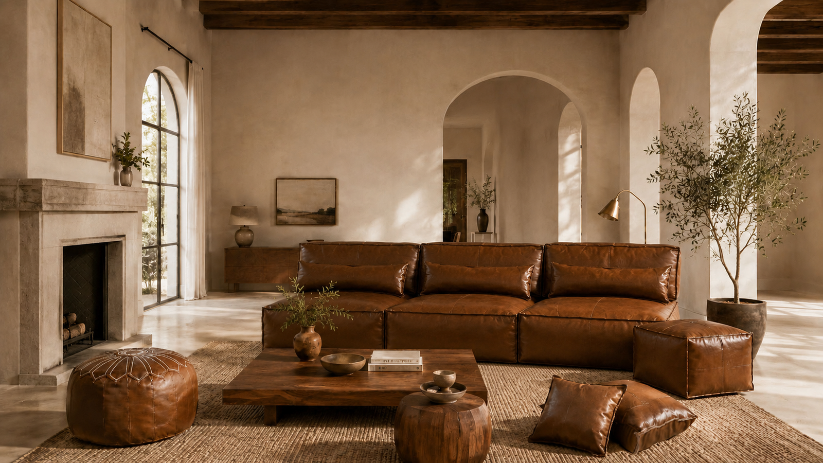 Warm luxury living room styled with Stow & Sit brown vegan leather storage seating